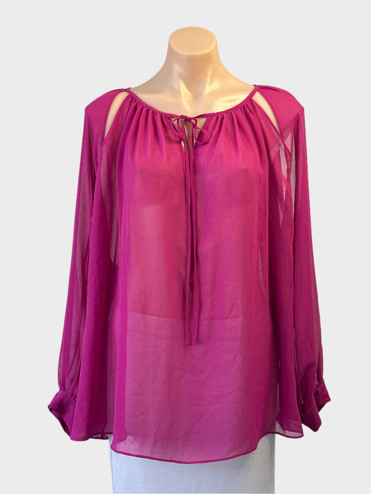 Ark & Co cold shoulder smock top in pink with tie neck and keyhole back for evening or smart casual wear.