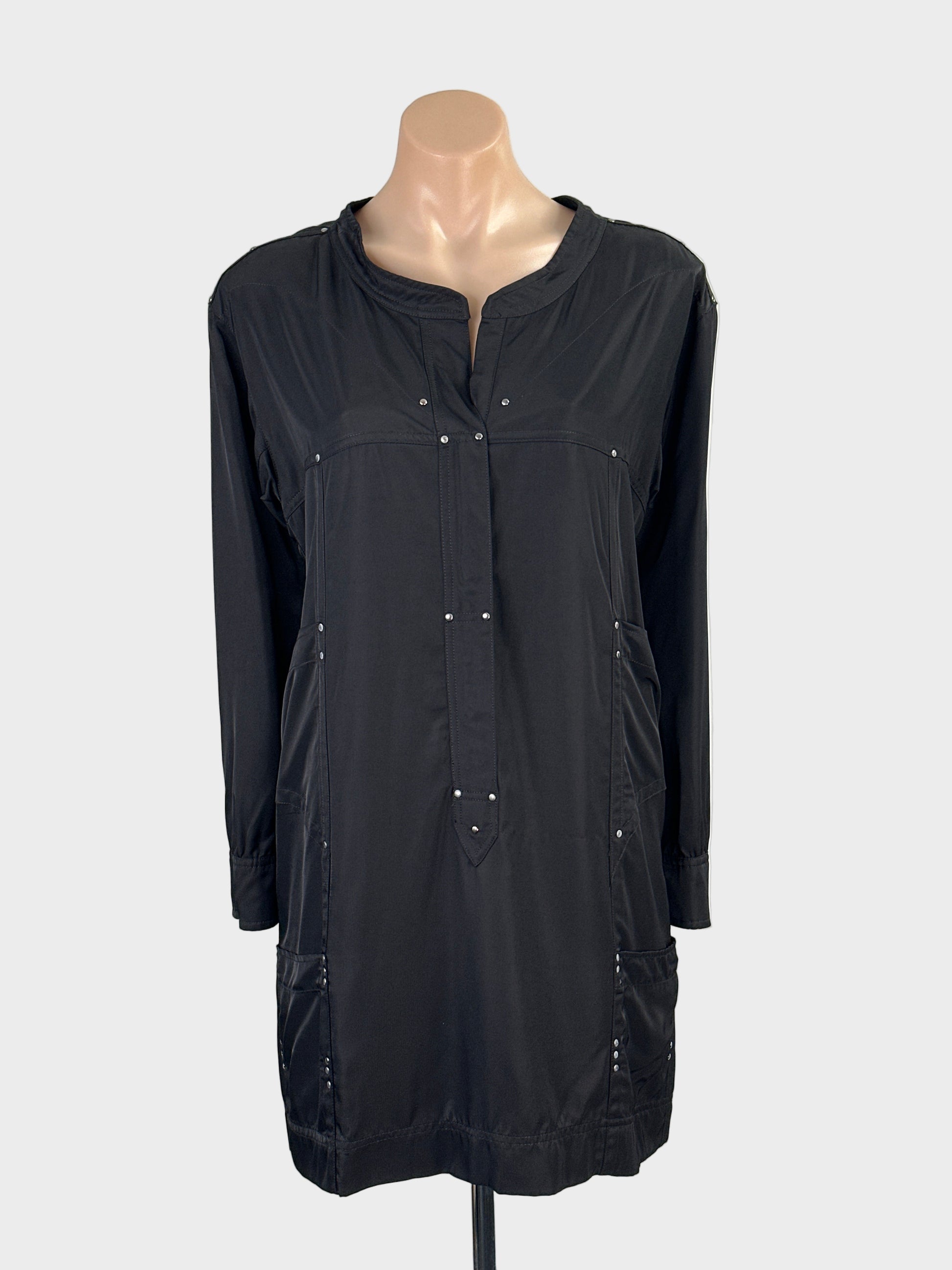 Designer Arthur Galan black sateen knee length utility shift dress with rivet detail, band collar and patch pockets for office or smart casual wear.