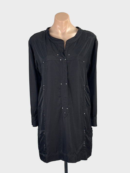 Designer Arthur Galan black sateen knee length utility shift dress with rivet detail, band collar and patch pockets for office or smart casual wear.