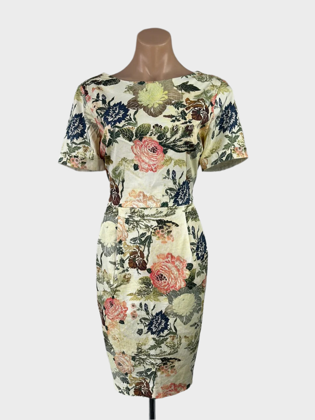 Designer ASOS sheath dress in yellow vintage floral print with bateau neck and pleated pencil skirt for smart casual or office wear.