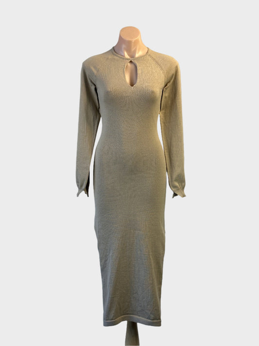 Atmos & Here beige knit sweater dress with keyhole neck and split skirt for special events or office wear.
