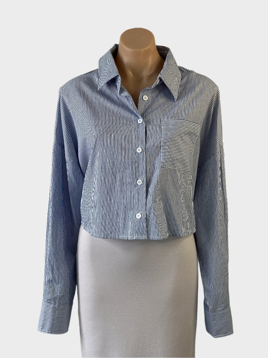 Atmos & Here cropped shirt in blue & white striped pure cotton with oversized collar, long sleeves and patch breast pocket for office or smart casual wear.