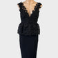 Bardot sleeveless peplum dress in black with guipure lace bodice and pencil skirt for evening or formal wear.