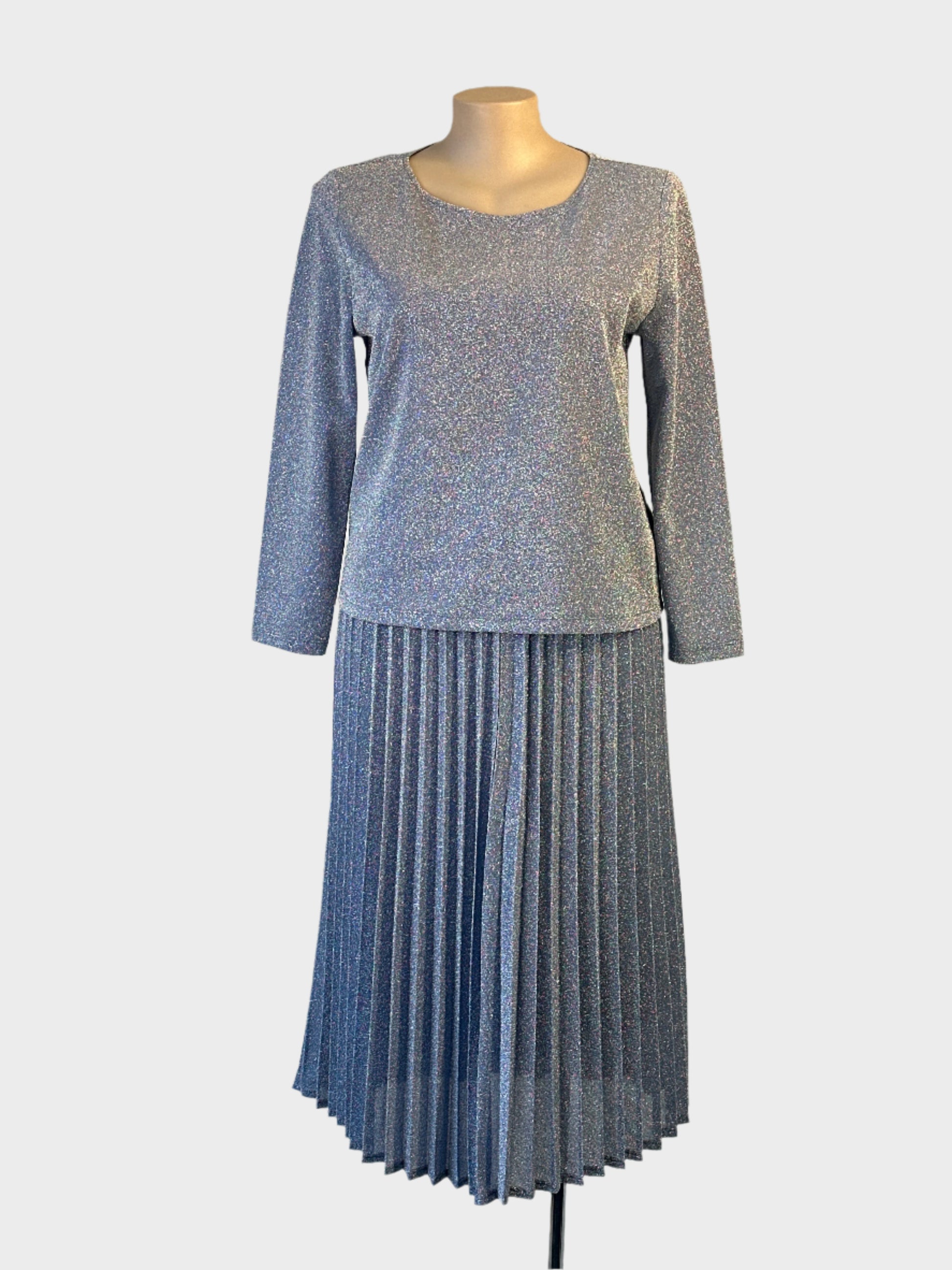Basque blue and silver metallic knit skirt and top set with pleated skirt and long sleeves for evening or special events.