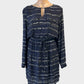 Basque knee length blouson dress in slate blue with stripe print, bar neck and drawstring waist for office or smart casual wear.