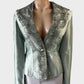 Basquesse vintage 90's silver single breasted jacket in silk shantung with metallic webbing lapels and long sleeves for formal wear.