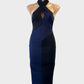 Designer Bec + Bridge bodycon dress in navy blue and black with colour block panels for formal or evening wear.