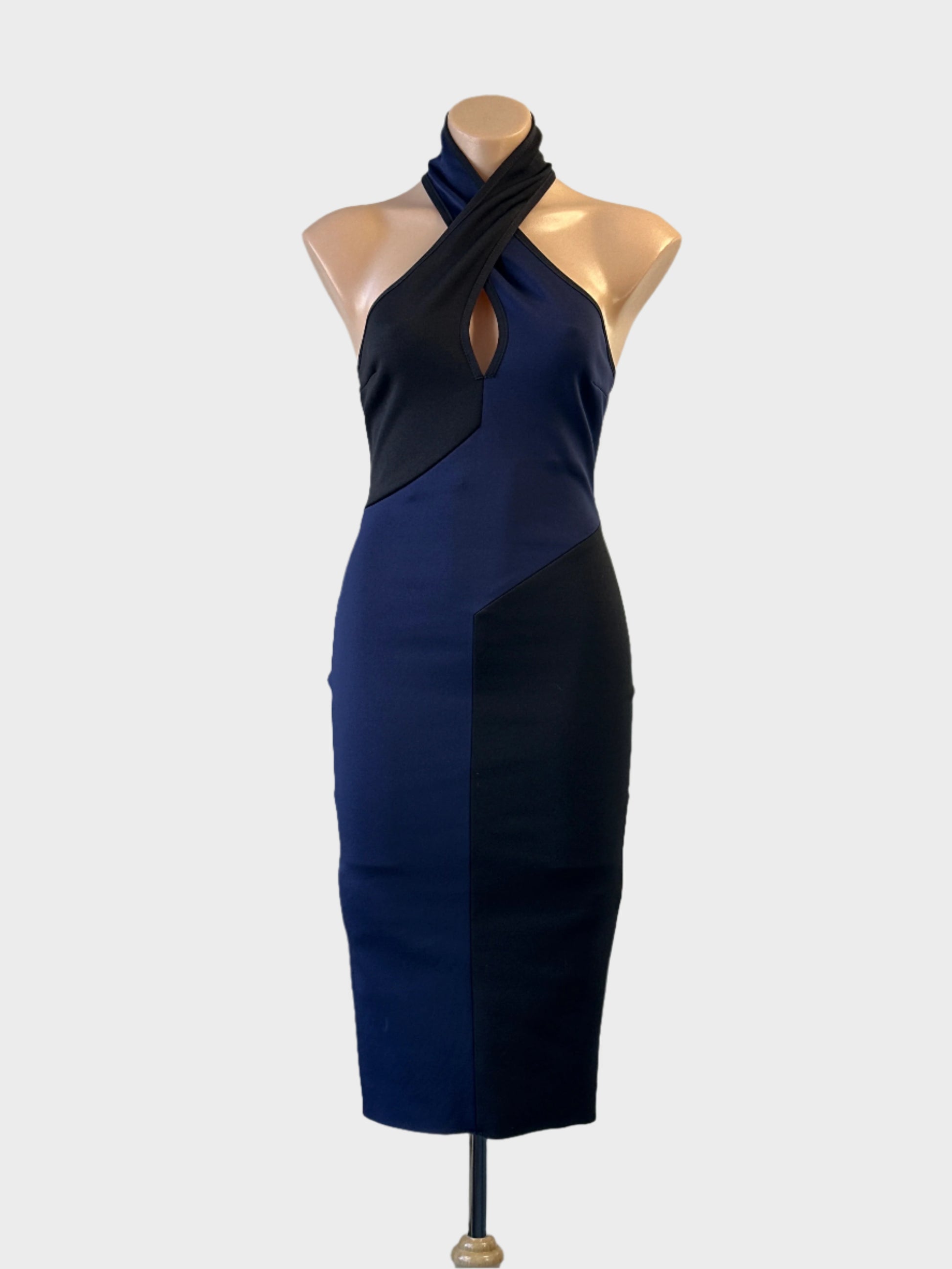 Designer Bec + Bridge bodycon dress in navy blue and black with colour block panels for formal or evening wear.