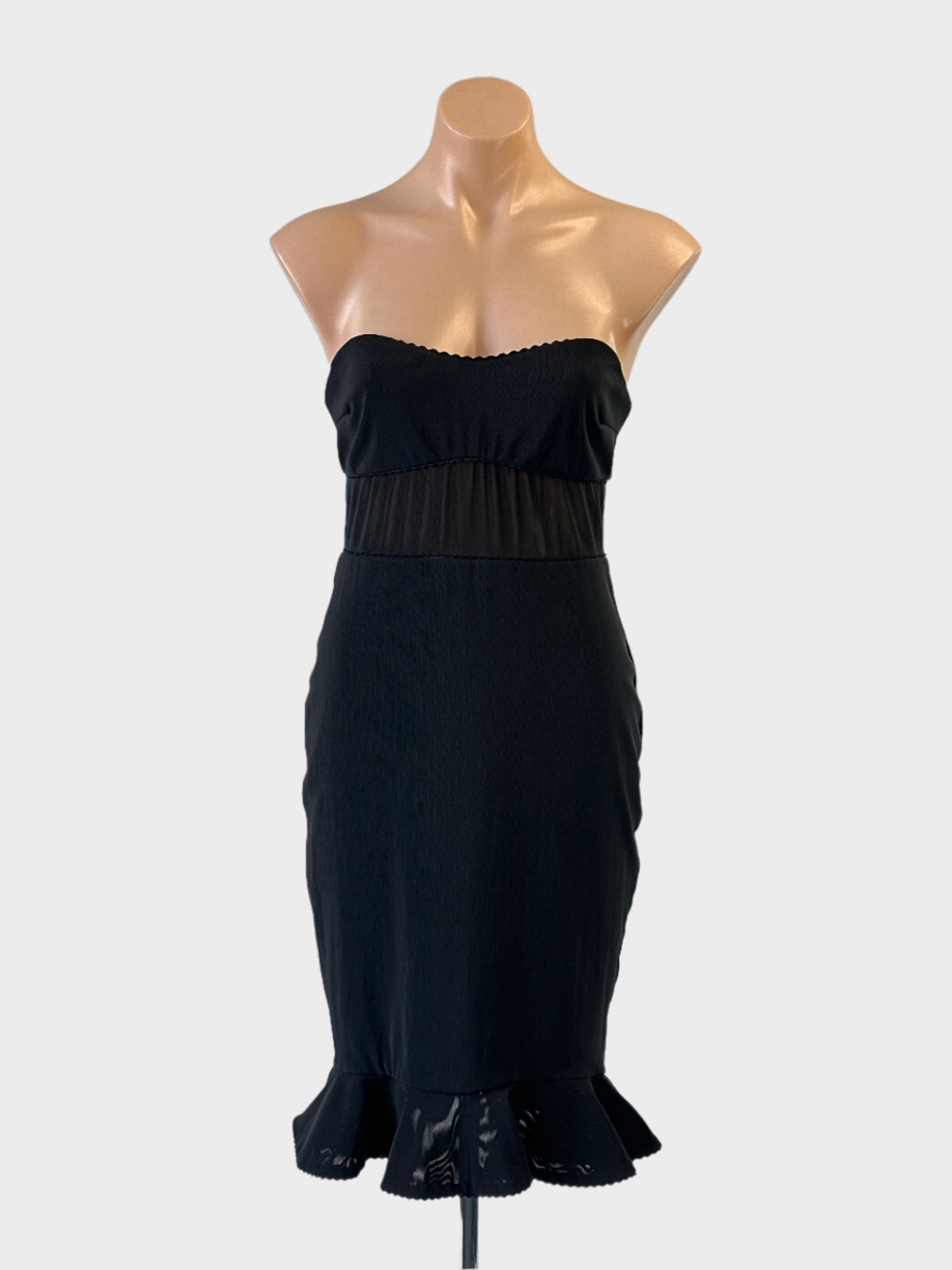 Designer Bec + Bridge bodycon dress in black with sheer midriff and mermaid skirt for formal or evening wear.