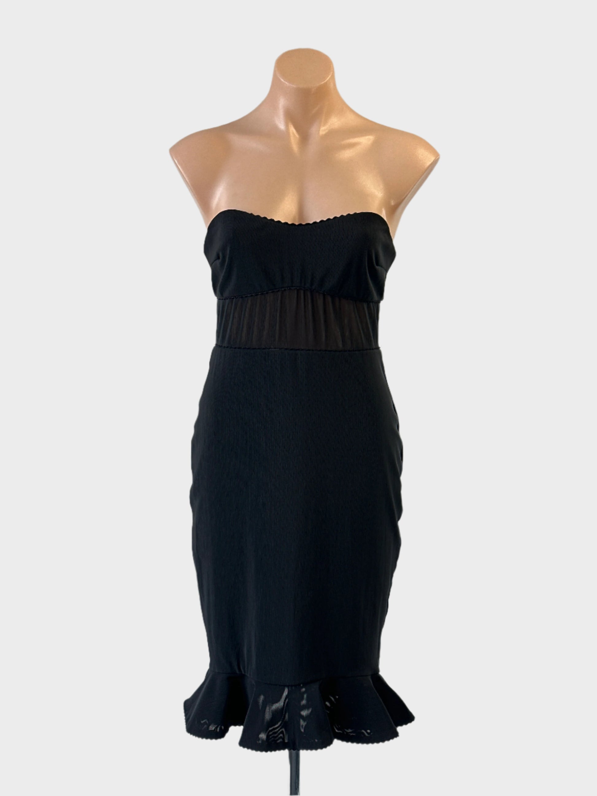 Designer Bec + Bridge bodycon dress in black with sheer midriff and mermaid skirt for formal or evening wear.