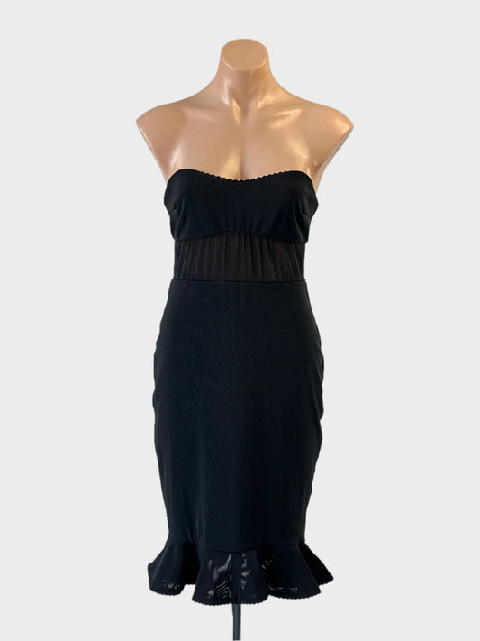 Designer Bec + Bridge bodycon dress in black with sheer midriff and mermaid skirt for formal or evening wear.