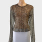 Designer Bec + Bridge top in brown and beige camo mesh with overlock trim for smart casual wear.