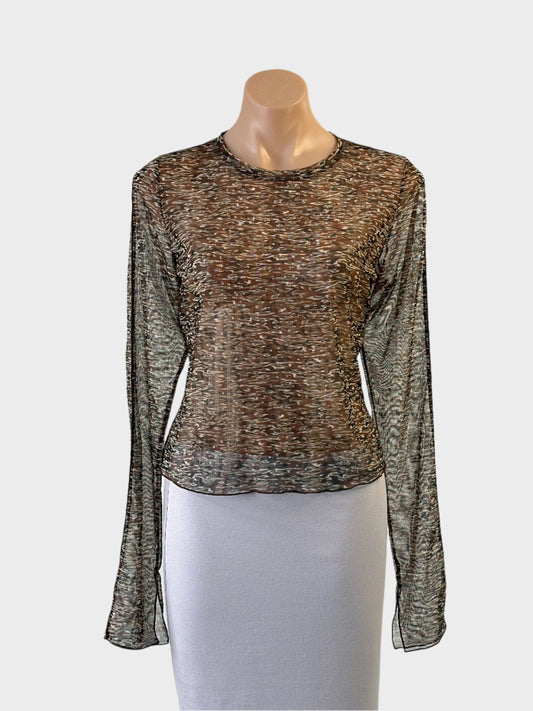 Designer Bec + Bridge top in brown and beige camo mesh with overlock trim for smart casual wear.