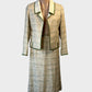 Designer Benson Landes beige and green vintage 60's skirt and jacket set with contrasting trim and skinny belt for special events.