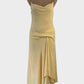 Designer Bianca Spender bias cut dress in yellow crepe with cowl neck, asymmetric straps and draped skirt for formal or special events.