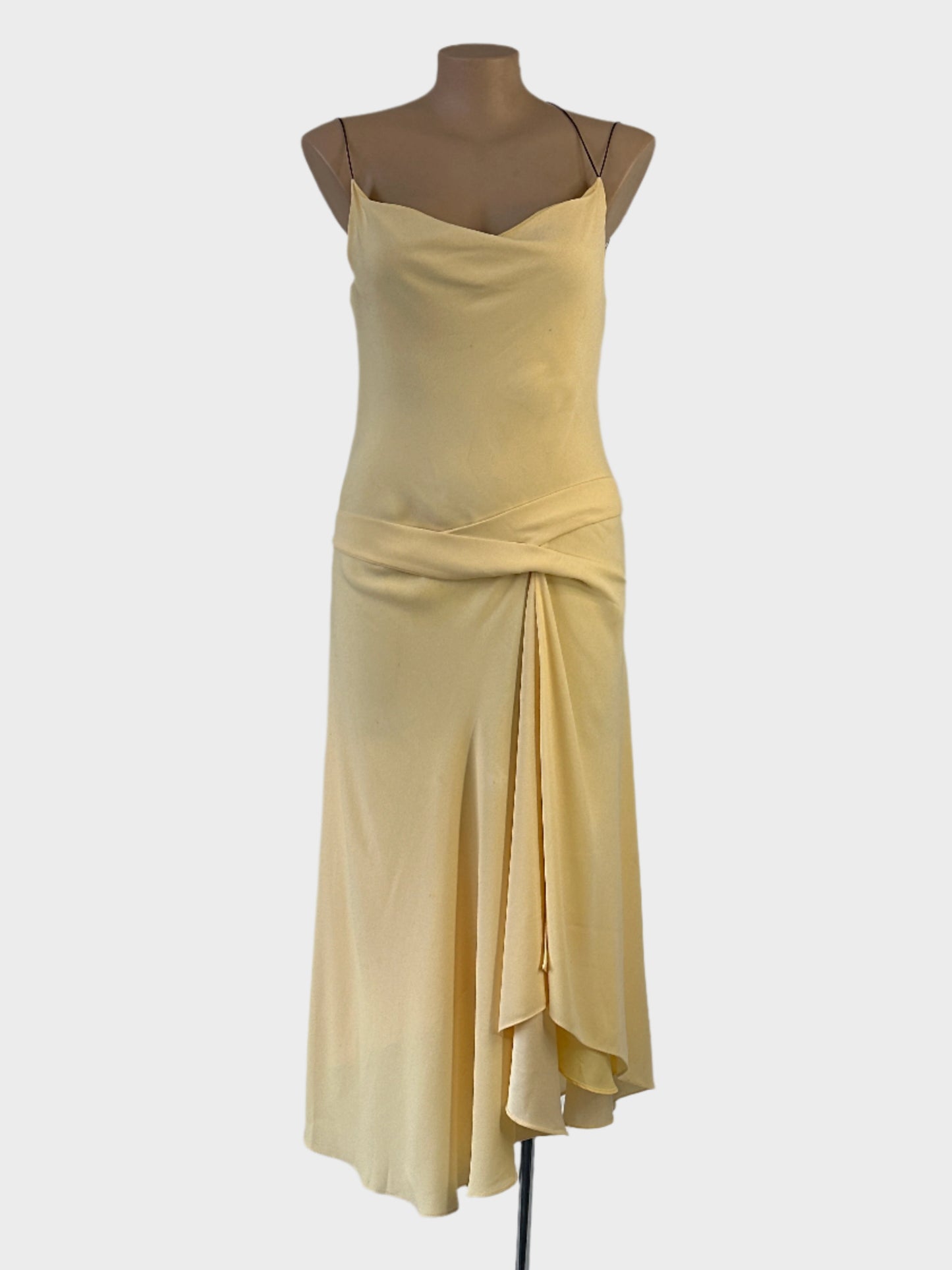 Designer Bianca Spender bias cut dress in yellow crepe with cowl neck, asymmetric straps and draped skirt for formal or special events.