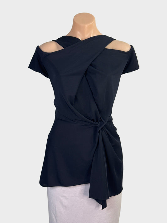Designer Bianca Spender navy top with cap sleeves, crossover front and peplum with drop-sash effect for evening or office.