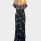 Designer Binny floral dress in black with flounce top and waist sash for evening or special events wear.