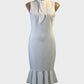 Black Halo midi sheath dress in white peach with square neck and pleated bodice for formal wear.