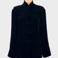 Black and red reversible velvet Mandarin jacket with silk jacquard lining and frog buttons for evening or formal wear.