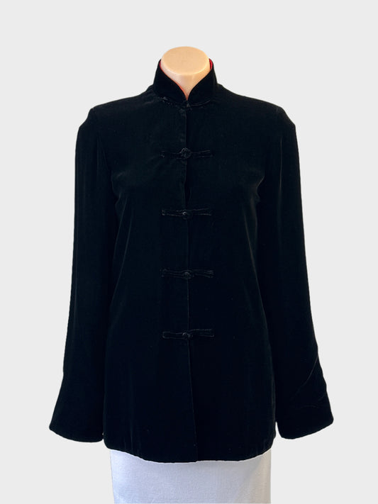 Black and red reversible velvet Mandarin jacket with silk jacquard lining and frog buttons for evening or formal wear.