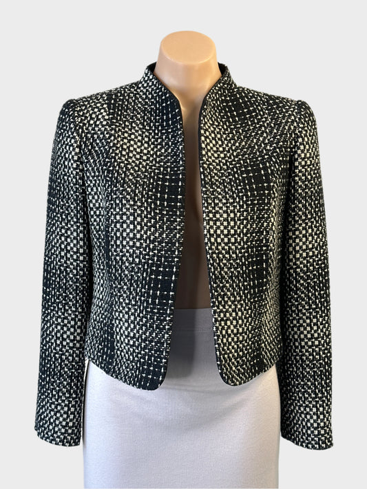Blooms black and white textured weave cropped cardigan jacket with open front for office wear.