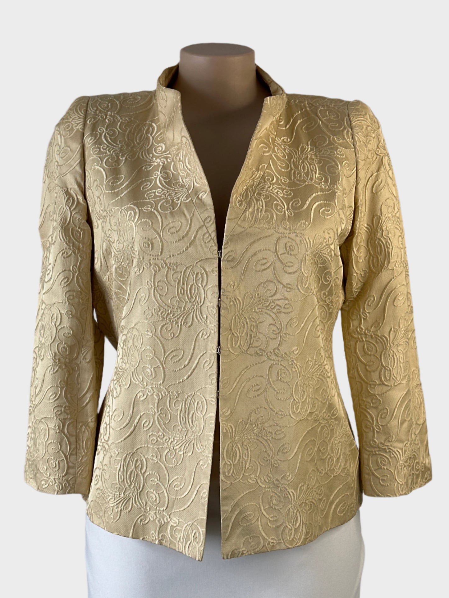 Blooms pale gold vintage 90's open front jacket in pure silk with embossed scroll pattern, standing collar and three quarter sleeves for special events or evening wear.