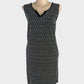 Blue Illusion black and white sleeveless shift dress with embroidered chain pattern and notched neck for smart casual or office wear.