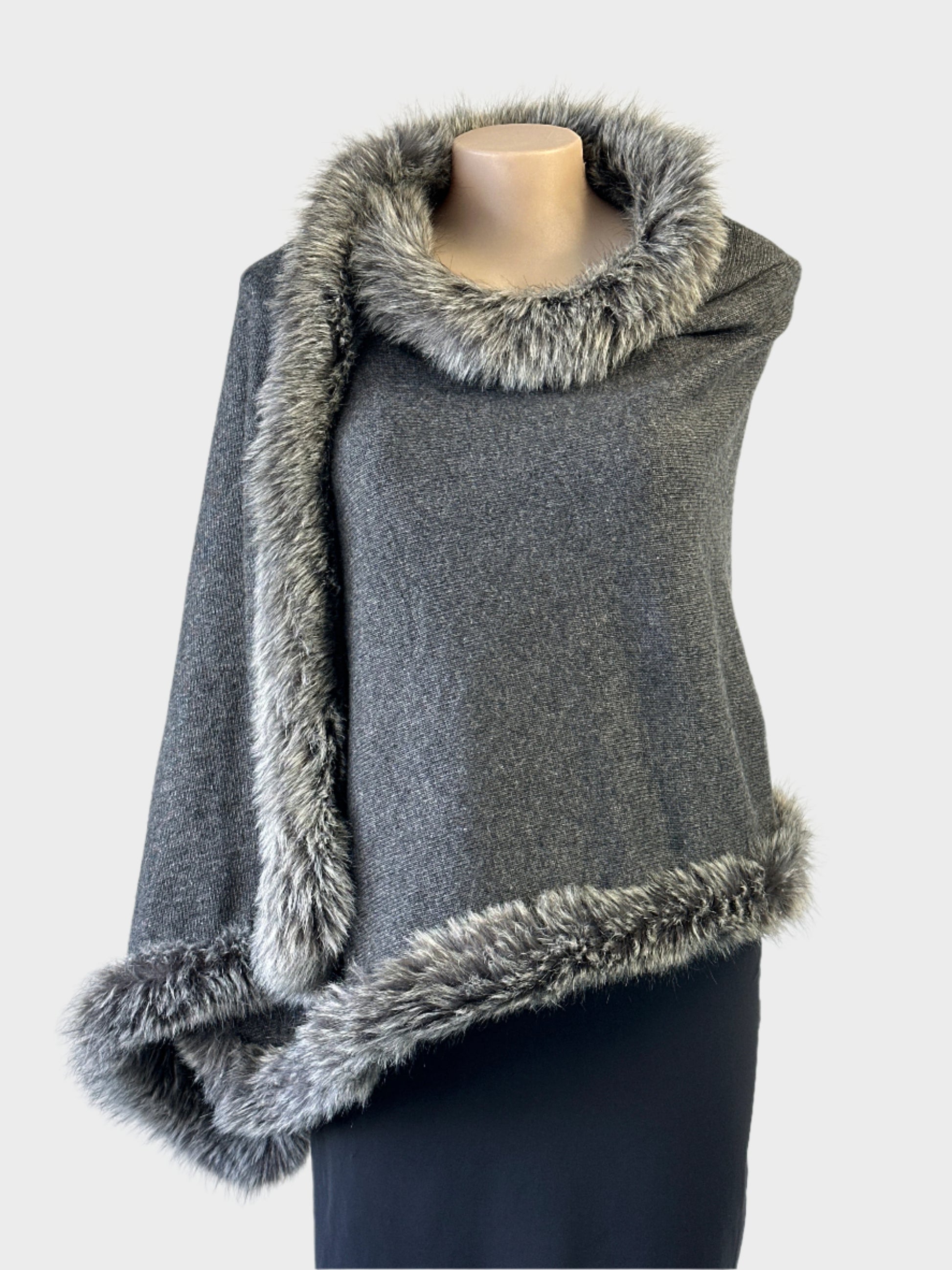 Blue Illusion smoke wool knit shawl with faux fur trim for evening or special events