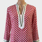 Boho style Boom Shankar tunic top in multicolour floral and stripe patchwork with three quarter sleeves and curved hem for smart casual or resort wear.