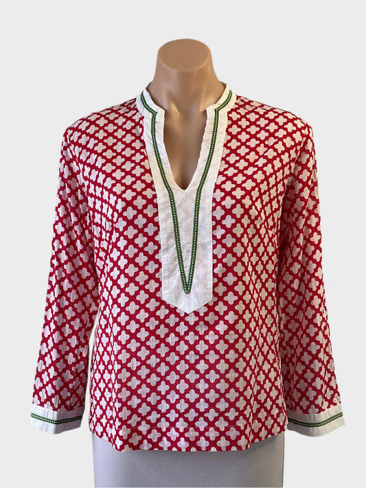 Boho style Boom Shankar tunic top in multicolour floral and stripe patchwork with three quarter sleeves and curved hem for smart casual or resort wear.
