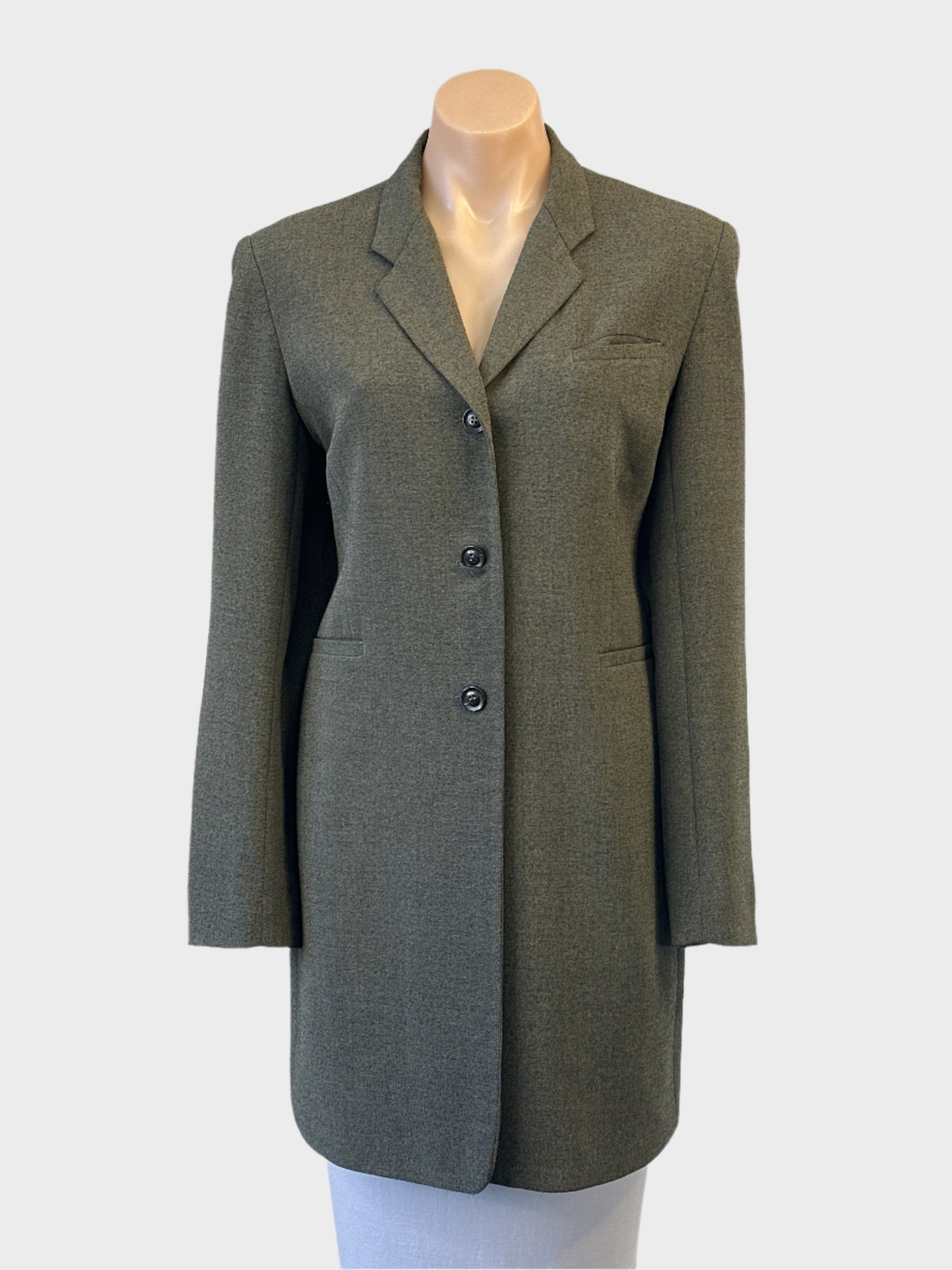 Brown Sugar vintage 90s moss green single breasted frock coat with notched lapels, long sleeves and flap pockets, office wear.