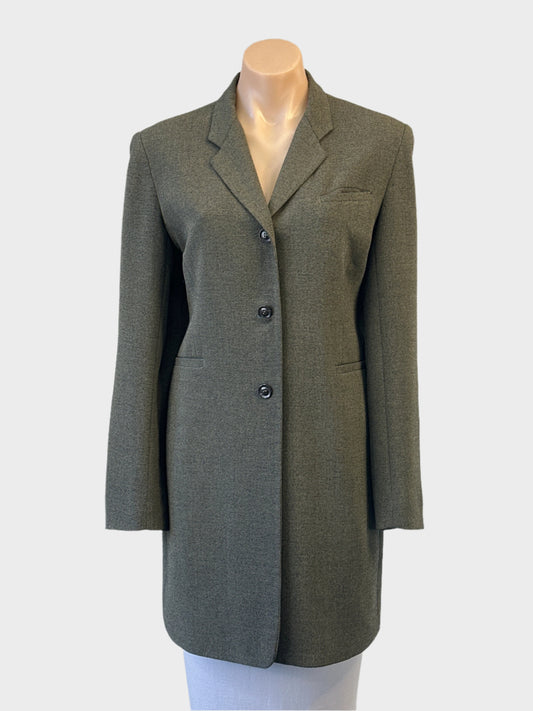 Brown Sugar vintage 90s moss green single breasted frock coat with notched lapels, long sleeves and flap pockets, office wear.