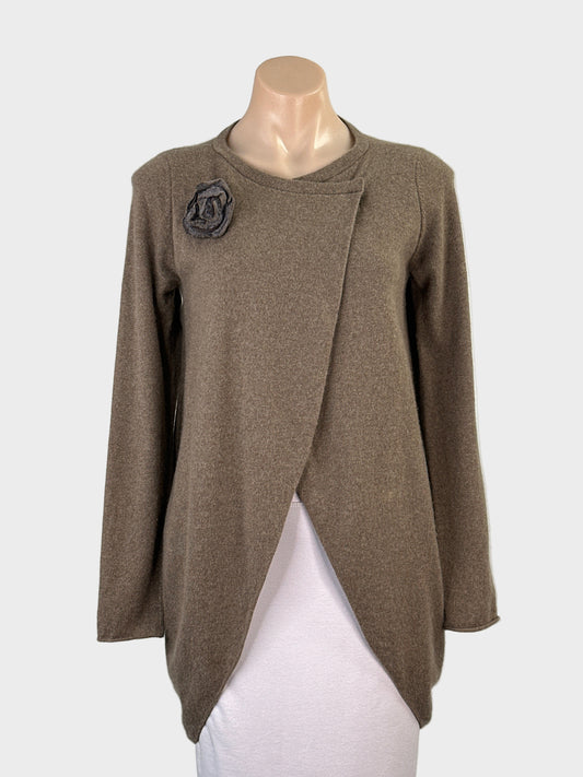 Designer Brunello Cucinelli cardigan in mocha 100% cashmere with felted rosette, overlapping front and ribbed high low hem for office or special events wear.