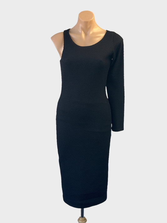 Designer By Johnny bodycon dress in black with one long sleeve and bateau neck for formal or evening wear.