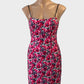 Designer By Johnny bodycon dress in pink and purple floral print with sweetheart neck for formal or evening wear.