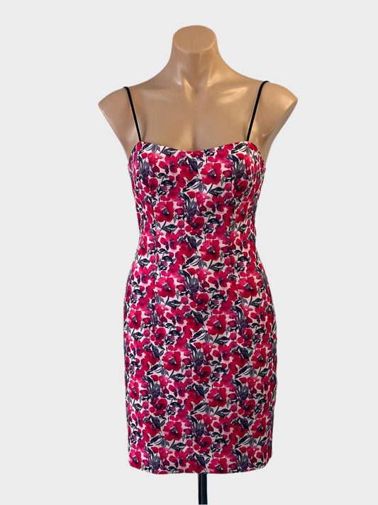 Designer By Johnny bodycon dress in pink and purple floral print with sweetheart neck for formal or evening wear.