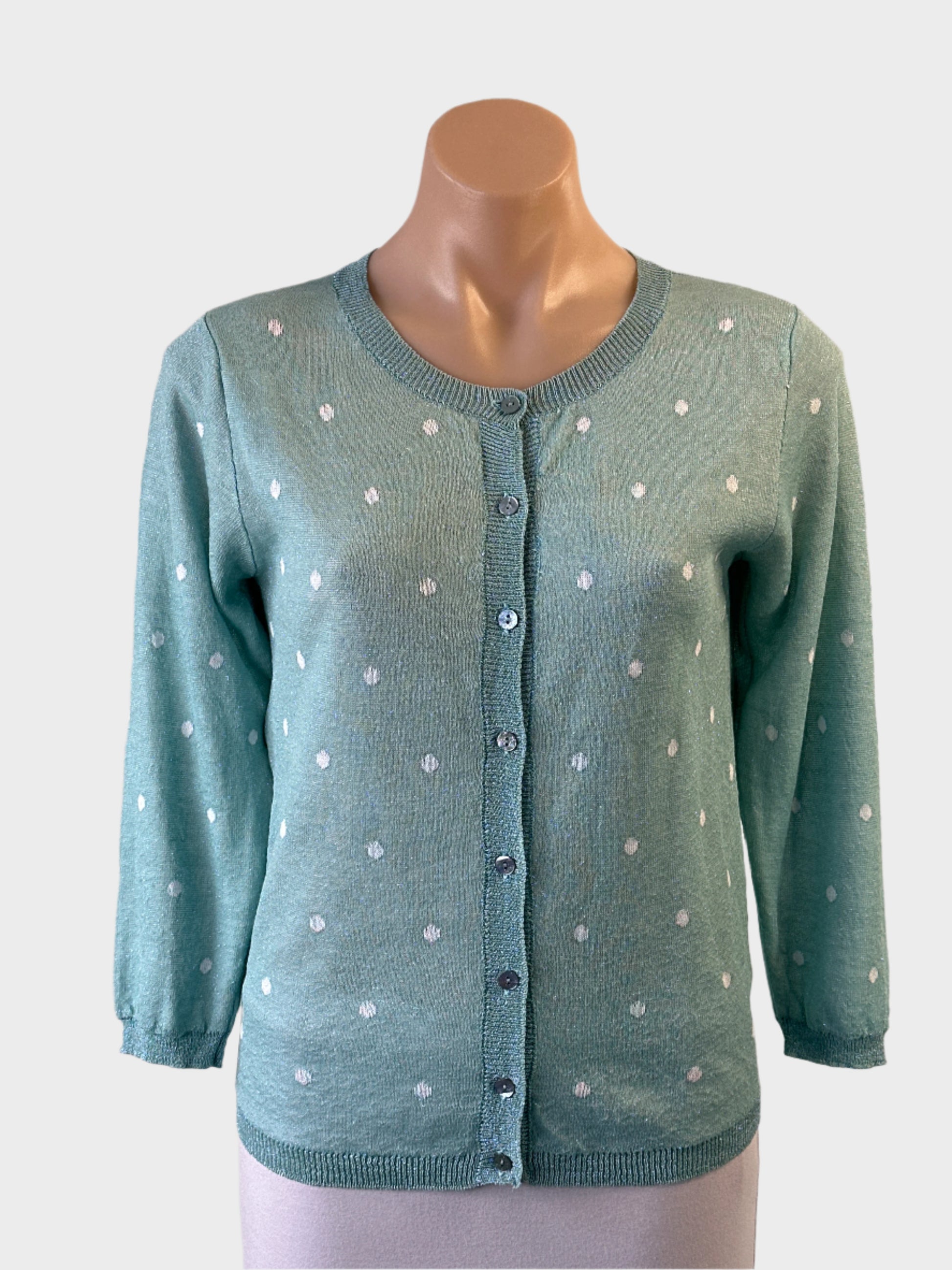 Designer B.yu cardigan in green and white with metallic flecks and button front for office or special events wear.