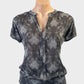Designer Camaïeu blouson top in grey leopard print with dolman sleeves and hip band for office or smart casual wear.