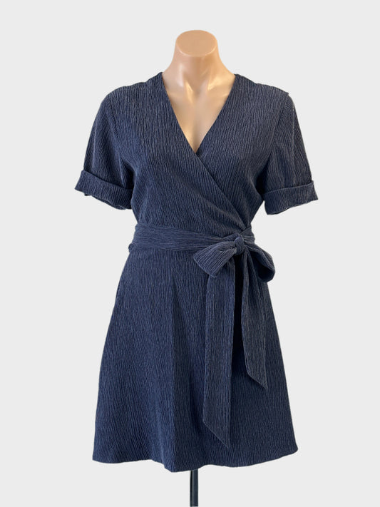 Designer CAMILA AND MARC wrap dress in blue with v-neck and cuff sleeves for office or smart casual wear.