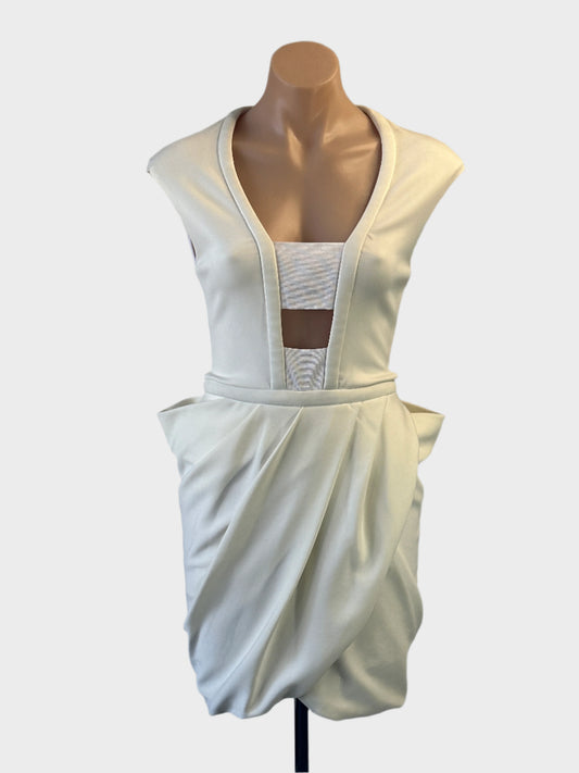 Designer CAMILLA AND MARC sheath dress in white with plunge neck and tulip skirt for formal or evening wear.