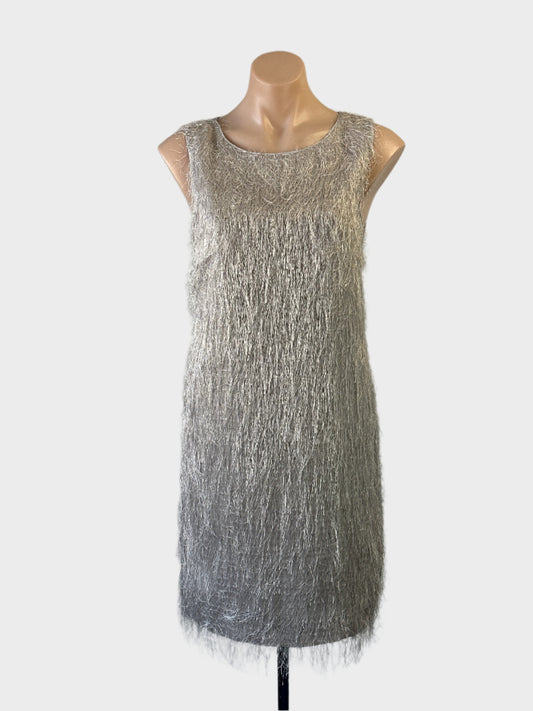 Designer Caractère retro 60’s style shift dress in shimmering textured fringe with scoop neck for evening or formal wear.