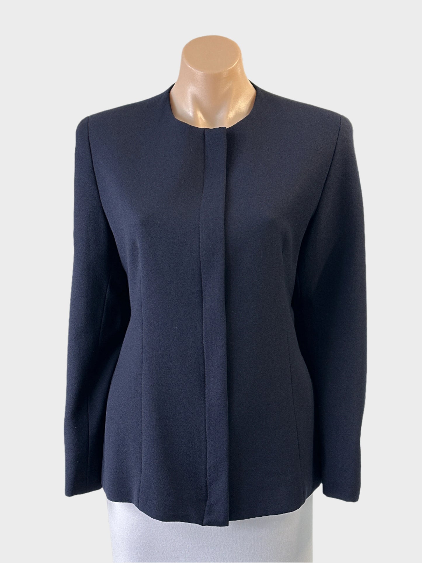 Designer Carla Zampatti cardigan jacket in navy blue crepe with concealed zip for office wear.
