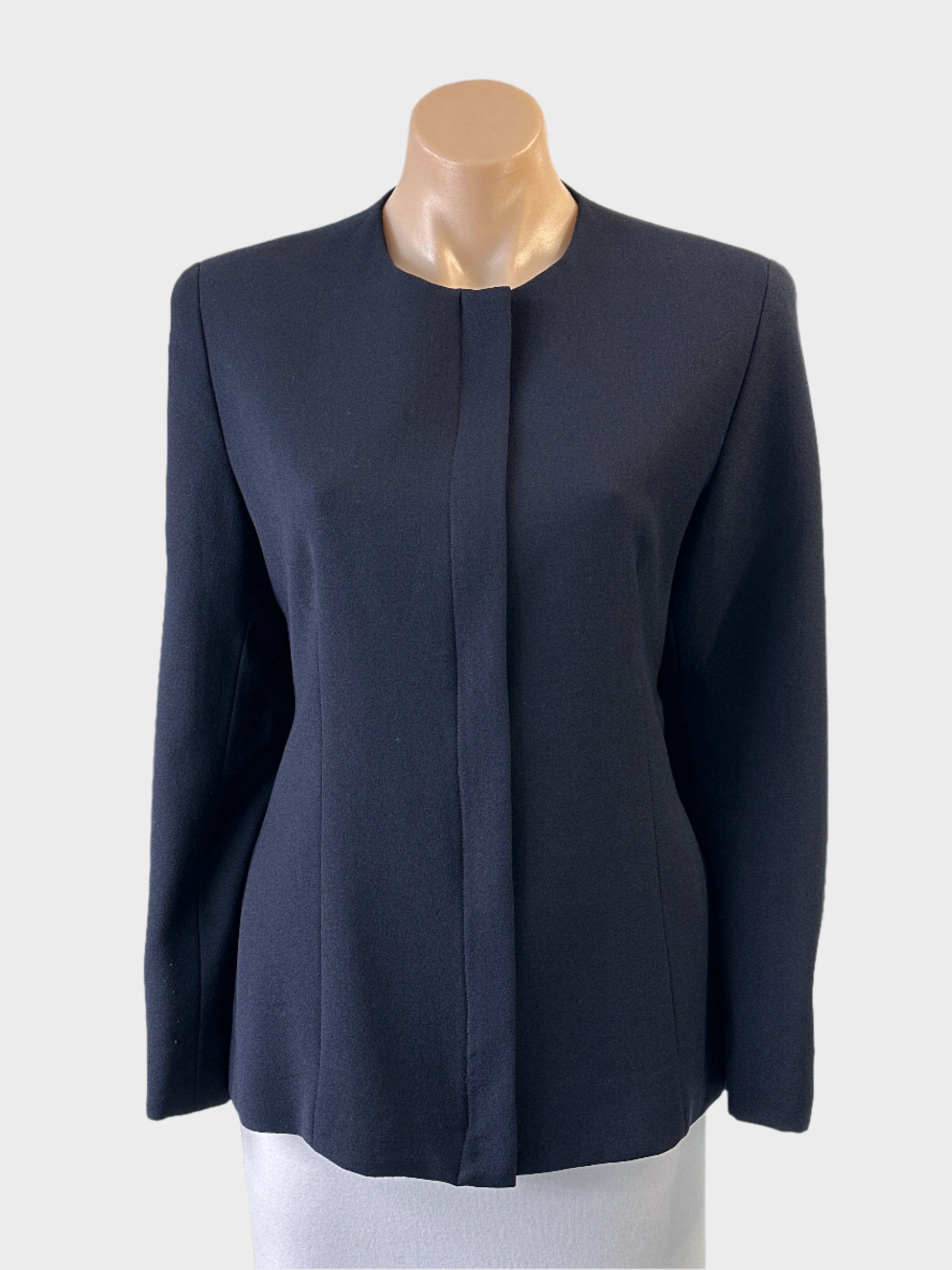 Designer Carla Zampatti cardigan jacket in navy blue crepe with concealed zip for office wear.