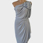 Designer Carla Zampatti powder blue one shoulder dress with oversized rosette and pleated tulip skirt for special events or bridal.