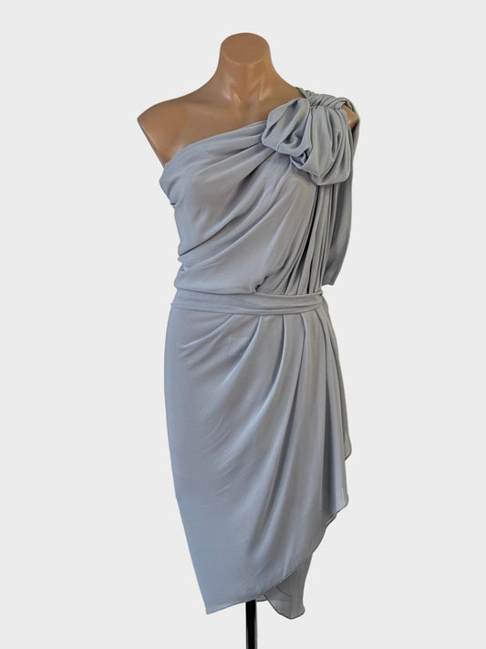 Designer Carla Zampatti powder blue one shoulder dress with oversized rosette and pleated tulip skirt for special events or bridal.