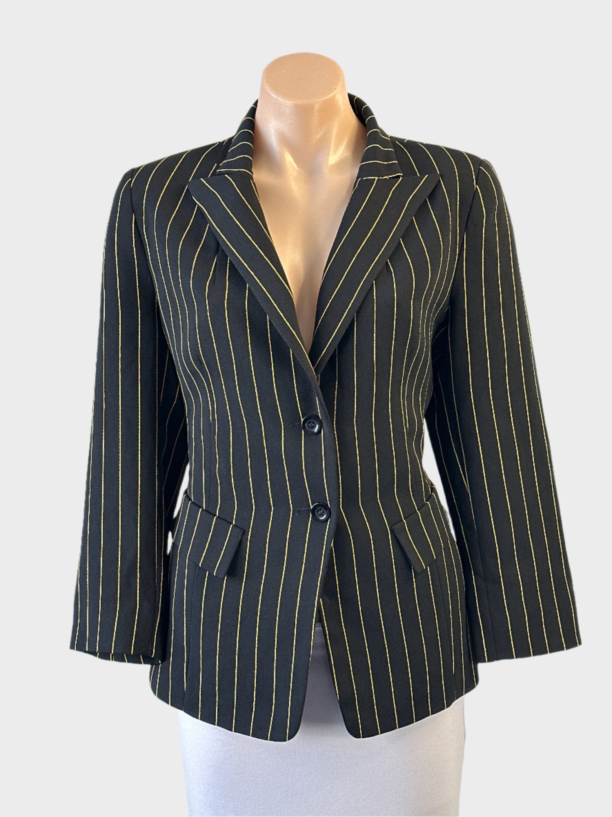 Designer Carla Zampatti vintage 90’s black pinstripe jacket with notched lapels and flap pockets for office wear