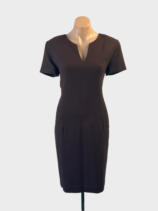 Designer Carla Zampatti shift dress in brown wool crepe with notched neck for office wear.