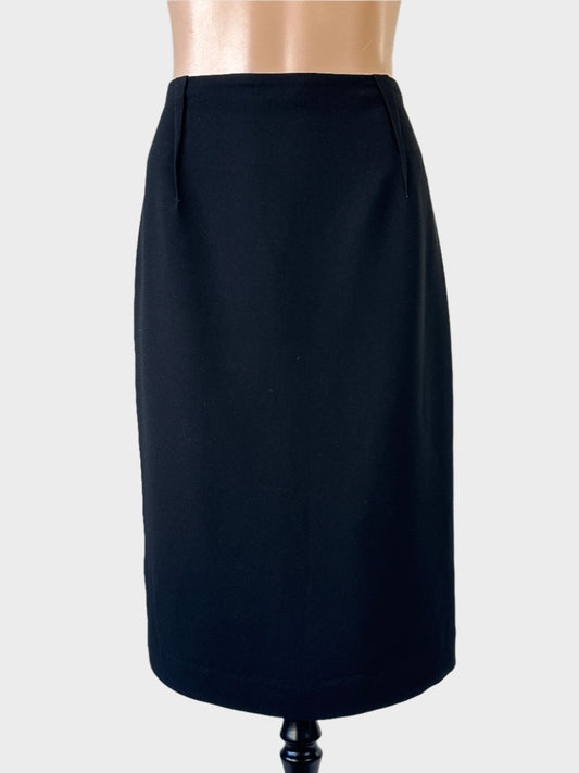 Designer Carla Zampatti black straight skirt with contour waist, raised darts and back vent for office wear.