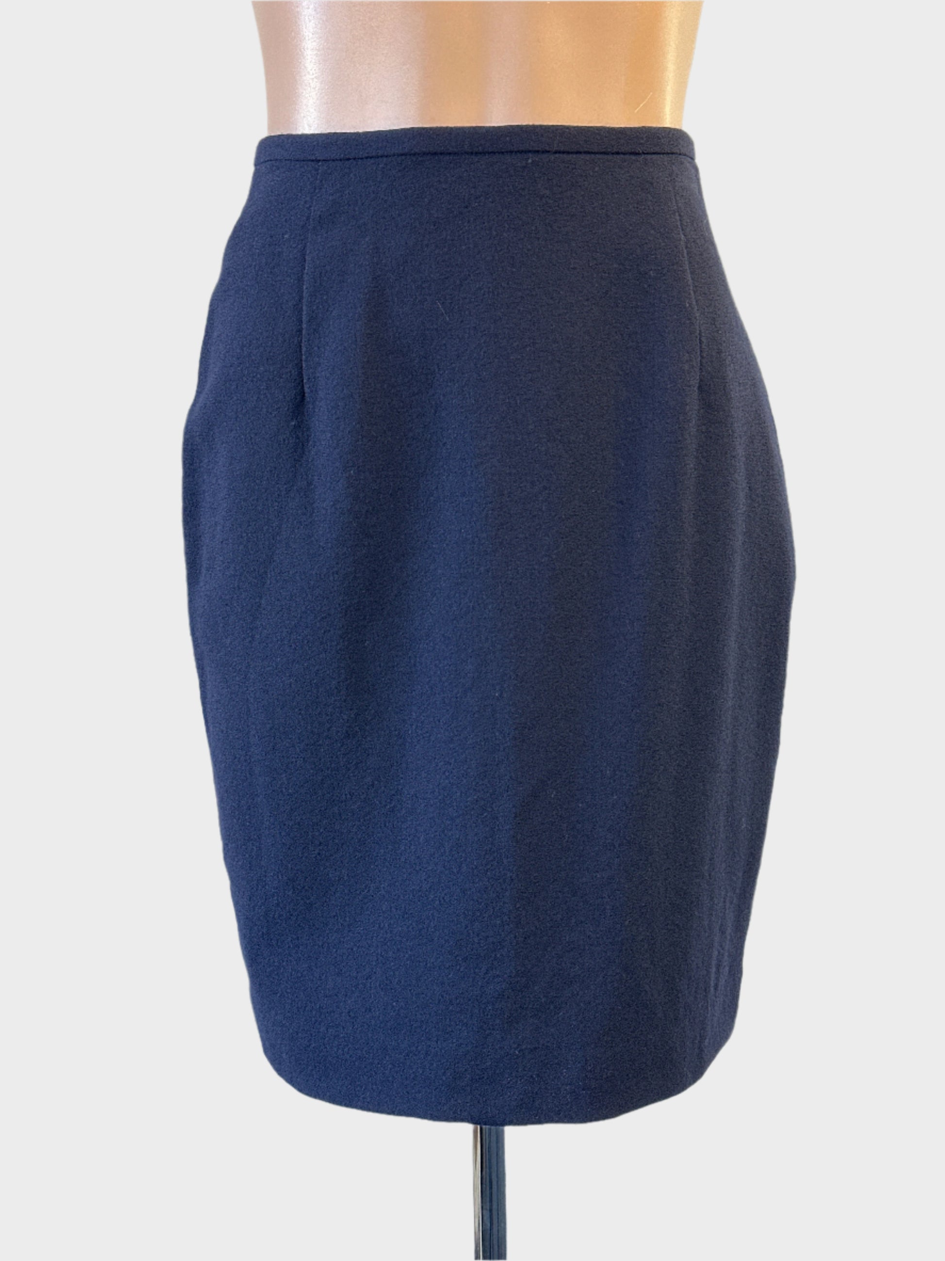 Designer Carla Zampatti straight skirt in navy blue wool crepe with back vent.